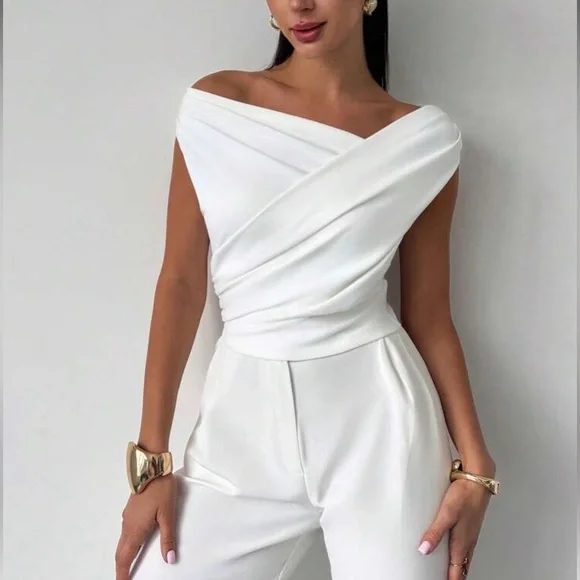 Elegant Red Off-Shoulder Asymmetrical Neck Blouse